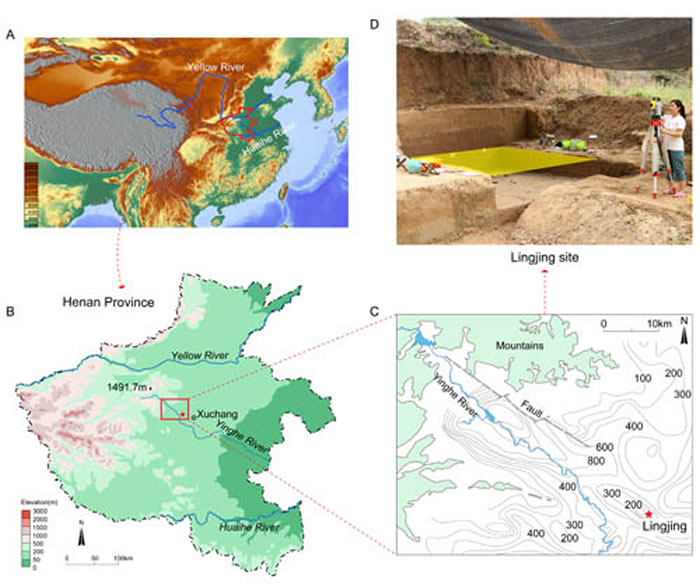 遗址地理位置、地貌环境及2017年度发掘场景(李浩供图)