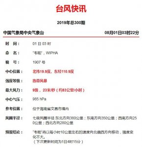 ​2019台风最新消息 七号台风韦帕今晨登陆海南文昌 台风韦帕实时路径图最新